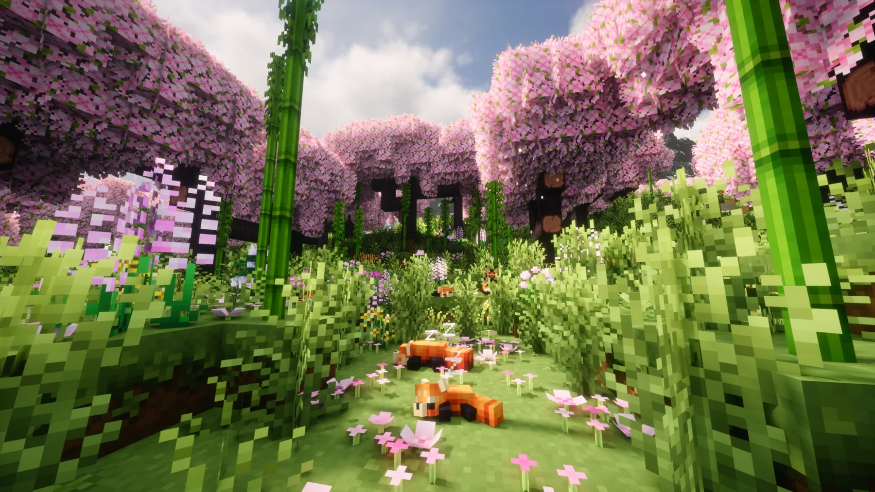 Cherry blossom forest with foxes